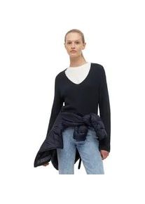 Marc O'Polo Strickpullover MARC O'POLO, Damen, Gr. M, blau (marine), Grobstrick, Obermaterial: 100% Baumwolle, unifarben, figurbetont h&uuml;ftlang, V-Ausschnitt, Raglan&auml;rmel, Pullover Strickpullover, mit dekorativem Strickmuster am &Auml;rmel und V-Neck