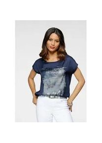 Shirtbluse Laura Scott, Damen, Gr. 38, blau (marine, grau), Web, Obermaterial: 100% Polyester. R&uuml;ckenteil: 95% Viskose, 5% Elasthan, bedruckt, metallic, unifarben, figurumspielend h&uuml;ftlang, Rundhals, Blusen, aus Satin mit dezentem Aufdruck, Topseller