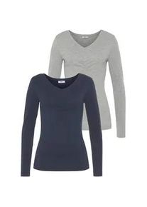 Longsleeve Flashlights, Damen, Gr. 44/46, blau (marine, grau melange), Feinripp, Obermaterial: 100% Baumwolle. Obermaterial 2: 95% Baumwolle, 5% Viskose. Obermaterial Melange: 95% Baumwolle, 5% Viskose, clean, unifarben, Basic, sehr figurbetont, Shirts, Langarm, sehr figurbetonter Schnitt, Feinrippstoff, Basic-Stil