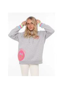 Hoodie Zwillingsherz "Always Happy", Damen, Gr. S/M, grau, Sweatware, Obermaterial: 50% Baumwolle, 50% Polyester, unifarben, normal h&uuml;ftbedeckend, V-Ausschnitt, Sweatshirts Hoodie, Smiley aus Frottee, Neon-Details, Kapuze, Langarm