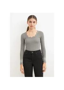 Langarmshirt rosemunde "Benita Silk Blouse", Damen, Gr. XS, grau (light grau melange), Rippware, Obermaterial: 70% Seide, 30% Baumwolle, meliert, schmal h&uuml;ftlang, tiefer Rundhals, Spitzenkante, Shirts Langarmshirt, Langarm, mit Spitze, feminin, bequem, Seiden- Baumwollmischung