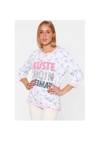 Longsleeve Zwillingsherz "K&uuml;ste Moin Heimat", Damen, Gr. L/XL, blau (hellblau), Web, Obermaterial: 50% Baumwolle, 50% Polyester, bequem normal, Rundhals, eingefasste Kante, Shirts, Zebra-Muster, 3/4-Arm, Pailletten, Schriftz&uuml;ge, Kontrastnaht