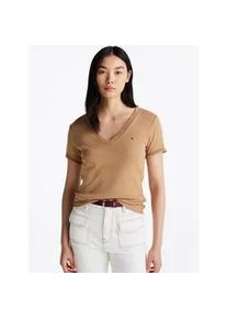 T-Shirt Tommy Hilfiger "SLIM CODY V-NK SS mit V-Ausschnitt und Streifen", Damen, Gr. S (36), beige (safari canvas), Jersey, Obermaterial: 100% Baumwolle, unifarben, slim fit h&uuml;ftlang, tiefer V-Ausschnitt, abgesteppt, Shirts T-Shirt, Baumwolle, slim fit