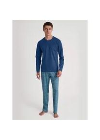 Schlafanzug Calida "Relax Imprint 1", Damen, Gr. S (46/48), blau (pottery blau), Single Jersey, Obermaterial: 100% Baumwolle, relaxed fit lang, Rundhals, Homewear-Sets Schlafanzug, Langarm-Shirt & Hose mit geradem Bein