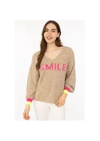 Strickpullover Zwillingsherz "Smile", Damen, beige, Strick, Obermaterial: 57% Polyamid, 29% Polyester, 7% Wolle, 7% Viskose, unifarben mit Farbeinsatz, relaxed fit h&uuml;ftlang, V-Ausschnitt, weit Rippstrickb&uuml;ndchen, Pullover Strickpullover, Langarm, One Size, V-Ausschnitt, Neon-Details, Schriftzug