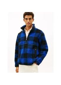 Fleecepullover Tommy Hilfiger "TEDDY FLEECE CHECK PULL OVER", Herren, Gr. L, wedge blau, schwarz, Fleece, Obermaterial: 50% Polyacryl, 50% Polyester, gemustert, kariert, mehrfarbig, regular fit normal, Rundhals, eingesetzt gerader Abschluss, Sweatshirts Fleecepullover, Regular fit mit Rundhalsausschnitt