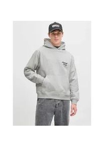 Jack & Jones Kapuzensweatshirt JACK & JONES "JORNORREBRO TYPO BACK SWEAT HOOD SN", Herren, Gr. M, grau (wei&szlig; melange), angeraute Sweatware, Obermaterial: 89% Baumwolle, 11% Polyester, bedruckt, meliert, relaxed fit normal, ohne Ausschnitt, Rippb&uuml;ndchen, Sweatshirts, mit Print