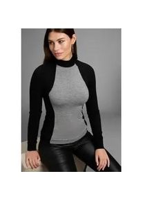 Rollkragenpullover Bruno Banani, Damen, Gr. 44, schwarz (graumel, schwarz), Strick, Obermaterial: 50% Viskose, 28% Polyester, 22% Polyamid, colorblocking, mehrfarbig, meliert, figurbetont h&uuml;ftlang, Rippb&uuml;ndchen, Pullover Rollkragenpullover, figurschmeichelndes Colorblocking
