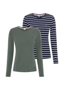Langarmshirt Kangaroos, Damen, Gr. 44/46, blau (marine gestreift, salbeigr&uuml;n), Obermaterial: 95% Baumwolle, 5% Elasthan, gestreift, figurbetont, Rundhals, Shirts Langarmshirt, im Doppelpack, gestreift + uni