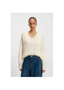 Strickpullover BOSS ORANGE "Fondyssa Premium Damenmode", Damen, Gr. M (38), wei&szlig; (open wei&szlig; 118), Strick, Obermaterial: 44% Polyamid, 34% Alpaka, 22% Wolle, unifarben, bequem normal, V-Ausschnitt, Rippstrickb&uuml;ndchen, Pullover Strickpullover, im Relaxed Fit, V-Ausschnitt