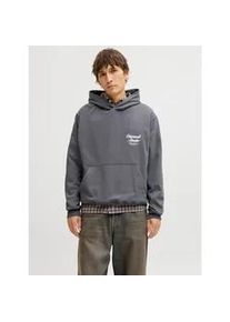 Jack & Jones Kapuzensweatshirt JACK & JONES "JORNORREBRO TYPO BACK SWEAT HOOD SN", Herren, Gr. M, asphalt, angeraute Sweatware, Obermaterial: 89% Baumwolle, 11% Polyester, bedruckt, relaxed fit normal, ohne Ausschnitt, Rippb&uuml;ndchen, Sweatshirts, mit Print