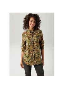 Hemdbluse Aniston CASUAL, Damen, Gr. 44, schwarz (moosgr&uuml;n, schwarz, beige, orange, gelb, taupe, braun), Web, Obermaterial: 100% Viskose, bedruckt, gemustert, figurumspielend Po-bedeckend, 2-Knopf-Manschette, Blusen Hemdbluse, mit farbenfrohen, grafischen Alloverdruck, Topseller