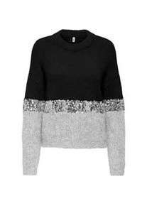 Rundhalspullover Only "ONLMAINE LIFE LS SEQUIN BLOCK O-NECK KNT", Damen, Gr. XS, schwarz detail:sliver sequins, light grau mel, Strick, Obermaterial: 70% Polyester, 21% Nylon, 8% Wolle, 1% Elasthan, colorblocking, regular fit, Rundhals, Pullover Rundhalspullover