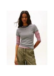 Tommy Hilfiger Kurzarmshirt TOMMY JEANS "TJW SLIM ESSENTIAL RIB SS EXT", Damen, Gr. XXXL(46), schwarz, wei&szlig; stripe, Single Jersey, Obermaterial: 95% Baumwolle, 5% Elasthan, gestreift, slim fit kurz, Rundhals, abgesteppt, Shirts, Baumwollmischung, slim fit, figurbetont, in gerippter Struktur