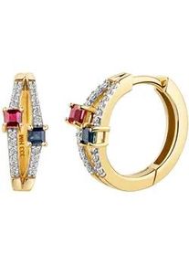 Paar Creolen Firetti "Schmuck Geschenk Gold 333 Ohrschmuck Ohrringe mehrreihige Optik", gelbgoldfarben, wei&szlig;goldfarben, rot, dunkelblau, rot, dunkelblau, Ohrringe, Damen, 15mm, Gelbgold 333, mit Rubin, Saphir