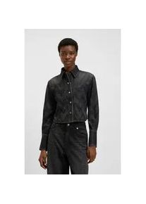 Hemdbluse BOSS ORANGE "SHIRT LS 1.0 Premium Damenmode", Damen, Gr. XL (42), schwarz 002, Denim/Jeans, Obermaterial: 100% Baumwolle, gemustert, regular fit h&uuml;ftlang, 1-Knopf-Manschette, Blusen Hemdbluse, in verk&uuml;rzter L&auml;nge, mit Lasertextur