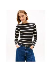 Langarmshirt Tommy Hilfiger "SLIM 5X2 RIB BOAT-NK LS mit U-Boot Ausschnitt und Rippstruktur", Damen, Gr. XXXL(46), schwarz, calico stp, Single Jersey, Obermaterial: 95% Viskose, 5% Elasthan, gestreift, figurbetont normal, U-Boot-Ausschnitt, Shirts Langarmshirt, unifarben, casual, slim fit, Viskosemix, U-Boot-Ausschnitt
