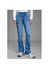 Bootcut-Jeans Arizona "Baby-Boot", Damen, Gr. 80, K + L Gr, blau used, Denim/Jeans, Obermaterial: 79% Baumwolle, 19% Polyester, 2% Elasthan, unifarben, Basic, eng lang, Jeans, Bootcut-Stil, figurbetonte Passform, mit Used-Effekten, Topseller