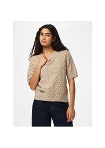 Strickpullover Pieces "PCLELOU SS O-NECK KNIT NOOS BC", Damen, Gr. L, taupe gray detail:melange, Strick, Obermaterial: 65% Polyester, 17% Polyacryl, 10% Nylon, 5% Wolle, 3% Elasthan, meliert, regular fit normal, Rundhals, Pullover Strickpullover, mit Ajourmuster