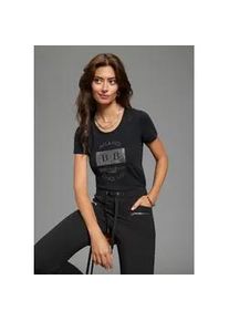 T-Shirt Bruno Banani, Damen, Gr. 32/34, schwarz, Single Jersey, Obermaterial: 95% Baumwolle, 5% Elasthan, bedruckt, vintage, Basic h&uuml;ftlang, Rundhals, Shirts T-Shirt, mit schimmerndem Glitzerprint und Basic-Passform