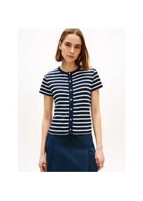 Kurzarmshirt Tommy Hilfiger "GOLD BUTTON SLIM SS TEE", Damen, Gr. L (42/44), breton stripe schwarz night, ecru, Single Jersey, Obermaterial: 100% Baumwolle, gestreift, slim fit, Shirts