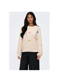Rundhalspullover Only "ONLBRUNHILDA LIFE LS BOW O-NECK KNT", Damen, Gr. M, baby's breath pattern:camp g, wild r, campa, mel, mini bow, Strick, Obermaterial: 55% Polyester, 18% Polyacryl, 14% Nylon, 10% Wolle, 3% Elasthan, gemustert, relaxed fit normal, Rundhals, Rippb&uuml;ndchen, Pullover Rundhalspullover
