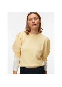 V&eacute;ro Moda Rundhalspullover VERO MODA "VMDOFFY 2/4 O-NECK PULLOVER GA NOOS", Damen, Gr. XS, golden haze detail:wei&szlig; melange, Strick, Obermaterial: 94% Polyester, 3% Elasthan, 3% Nylon, meliert, regular fit normal, Rundhals, Puff&auml;rmel Strickb&uuml;ndchen, Pullover Rundhalspullover, mit kurzen Puff&auml;rmeln