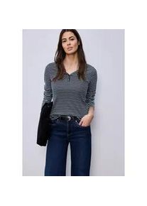 Langarmshirt Street One, Damen, Gr. 38, shadowed navy, Feinripp, Obermaterial: 96% Baumwolle, 4% Elasthan, gestreift, tailliert h&uuml;ftbedeckend, tiefer V-Ausschnitt, Shirts Langarmshirt, im Streifen-Design und mit V-Ausschnitt