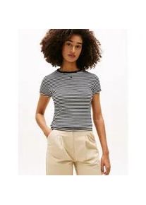 Tommy Hilfiger Kurzarmshirt TOMMY JEANS "TJW SLIM ESSENTIAL RIB SS EXT", Damen, Gr. XXL (44), schwarz, ecru stripe, Single Jersey, Obermaterial: 95% Baumwolle, 5% Elasthan, gestreift, slim fit kurz, Rundhals, abgesteppt, Shirts, Baumwollmischung, slim fit, figurbetont, in gerippter Struktur