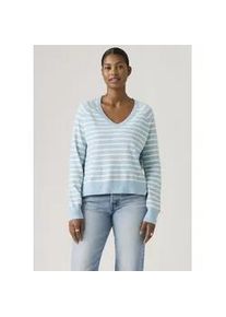 Levi's V-Ausschnitt-Pullover LEVI'S "SUPER SOFT VNECK PULLOVER", Damen, Gr. L (40), parisienne stripe glacier lake, Strick, Obermaterial: 53% Baumwolle, 32% Polyester, 13% Polyamid, 2% Elasthan, gestreift, bequem h&uuml;ftlang, V-Ausschnitt, Raglan&auml;rmel B&uuml;ndchen, Pullover, im Bund beidseitig mit kurzem Schlitz