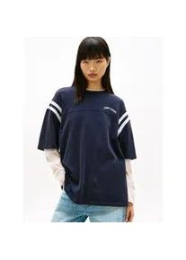 Tommy Hilfiger Kurzarmshirt TOMMY JEANS "TJW OVS VARSITY SS TEE", Damen, Gr. XS (34), schwarz night navy, Single Jersey, Obermaterial: 100% Baumwolle, unifarben, unifarben mit Farbeinsatz, oversize h&uuml;ftlang, Rundhals, Shirts