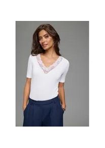 V-Shirt Laura Scott, Damen, Gr. 46, wei&szlig;, Jersey, Obermaterial: 95% Viskose, 5% Elasthan. Spitze: 95% Polyester, 5% Elasthan, unifarben, sehr figurbetont h&uuml;ftlang, V-Ausschnitt, abgesteppt, Shirts, sehr figurbetonte Passform, aus elastischem Jersey, mit Spitze