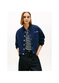 Strickjacke Tommy Hilfiger "GOLD BTN HWK BOMBER", Damen, Gr. L (40), schwarz night navy, Strick, Obermaterial: 64% Baumwolle, 36% Polyester, unifarben, regular fit, Rundhals, Rippb&uuml;ndchen, Strickjacken Strickjacke, mit goldfarbenen Kn&ouml;pfen