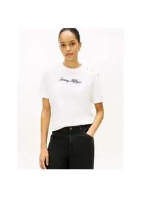 Kurzarmshirt Tommy Hilfiger "GOLD BTN SCRIPT MDRN SS TEE", Damen, Gr. S (36), ecru, Single Jersey, Obermaterial: 100% Baumwolle, bedruckt, regular fit, Rundhals, Shirts, mit goldfarbenen Kn&ouml;pfen