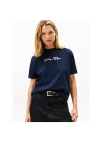 Kurzarmshirt Tommy Hilfiger "GOLD BTN SCRIPT MDRN SS TEE", Damen, Gr. XXXL(46), schwarz night navy, Single Jersey, Obermaterial: 100% Baumwolle, bedruckt, regular fit, Rundhals, Shirts, mit goldfarbenen Kn&ouml;pfen