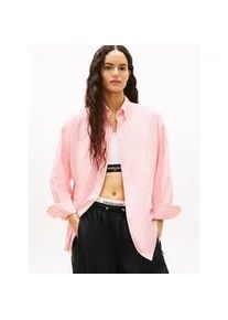 Tommy Hilfiger Langarmbluse TOMMY JEANS "TJW OVS POPLIN SHIRT", Damen, Gr. M (38), tropical blush, stripe, Web, Obermaterial: 65% Baumwolle, 35% Nylon, gestreift, regular fit normal, Manschette, Blusen, mit modischen Streifen