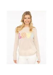 Kaschmirpullover Zwillingsherz "LOVE" wording", Damen, Gr. XL, hellbeige, Strick, Obermaterial: 100% Kaschmir, bequem h&uuml;ftbedeckend, Rundhals, gerader Abschluss, Pullover, Rundhals, mit LOVE Aufschrift in Neonfarbe