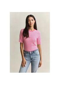 T-Shirt Gant "SLIM STRIPED 1X1 RIBBED KA T-SHIRT", Damen, Gr. XL, bright fuschia, Jersey, Obermaterial: 95% Baumwolle, 5% Elasthan, slim fit h&uuml;ftlang, Rundhals, abgesteppt, Shirts T-Shirt, mit dezentem Logoschriftzug am &Auml;rmelabschluss