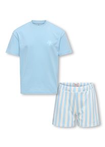 Shorty KIDS Only "KOGRILA NIGHTWEAR TOP/SHORTS SET JRS", M&auml;dchen, Gr. 134/140, clear sky pack:flower, clear sky shorts striped cloud dancer, Jersey, Obermaterial: 100% Baumwolle, bedruckt, gestreift, unifarben, Basic ca. Mitte Oberschenkel, Rundhals, Homewear-Sets Shorty
