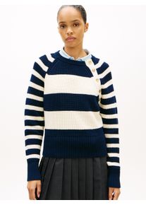 Strickpullover Tommy Hilfiger "GOLD BTN UTILITY LS C-NK SWT", Damen, Gr. M (40), big brt stp schwarz night, calico, Strick, Obermaterial: 100% Baumwolle, gestreift, regular fit normal, Rundhals, Pullover Strickpullover, mit goldfarbenen Kn&ouml;pfen