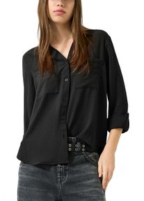 Langarmbluse QS, Damen, Gr. 34, schwarz, Web, Obermaterial: 100% Polyester, unifarben, tailliert h&uuml;ftbedeckend, V-Ausschnitt, mit Knopf krempelbar,mit Kn&ouml;pfen, Blusen Langarmbluse, mit Knopfleiste und Brusttaschen