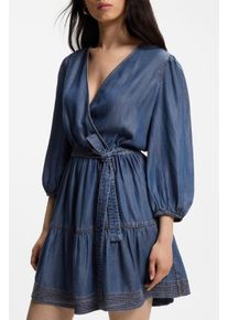 Wickelkleid BOSS Orange "Dardy Premium Damenmode", Damen, Gr. 46, N-Gr, medium blau 420, Web, Obermaterial: 100% Lyocell, unifarben, tailliert mini, V-Ausschnitt, elastischer Bund, Kleider Wickelkleid, im Denim-Look, Bindeg&uuml;rtel