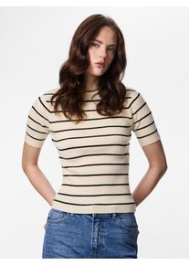 Kurzarmpullover Pieces "PCMIRA SS O-NECK KNIT NOOS BC", Damen, Gr. M, birch stripes:schwarz narrow, Strick, Obermaterial: 50% Viskose, 28% Polyester, 22% Nylon, gestreift, normal, Rundhals, Pullover Kurzarmpullover, Viskosemischung, Kurzarm