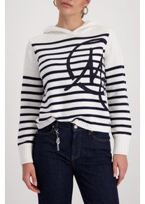 Kapuzenpullover monari, Damen, Gr. 34, sanftes wei&szlig; geringelt, Strick, Obermaterial: 60% Baumwolle, 40% Polyacryl, geringelt, regular fit normal, Rundhals, B&uuml;ndchen, Pullover Kapuzenpullover, Regular Fit, mit Intarsie-Muster