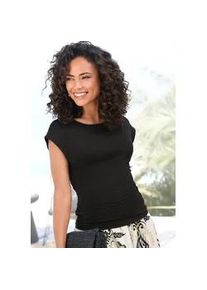 T-Shirt Buffalo, Damen, Gr. 44/46, schwarz, Single Jersey, Obermaterial: 95% Viskose, 5% Elasthan, unifarben, figurumspielend h&uuml;ftlang, U-Boot-Ausschnitt, angeschnitten, Shirts T-Shirt, mit seitlicher Raffung, Jerseyshirt, Basic