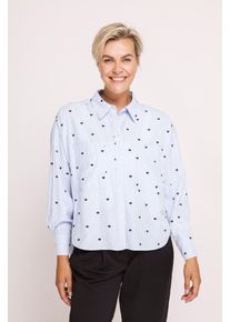 Langarmbluse Zhrill "ZHLUCY Ringelbluse mit Stickerei", Damen, Gr. L, blau, Web, Obermaterial: 50% Modal, 50% Polyester, bestickt, gemustert, geringelt, l&auml;ssig geschnitten h&uuml;ftlang, Rundhals, 1-Knopf-Manschette, Blusen Langarmbluse, im Ringellook und mit Herz-Stickereien