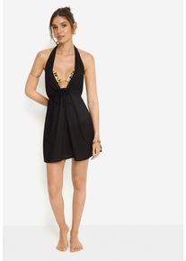 Neckholderkleid LSCN BY LASCANA, Damen, Gr. 42, N-Gr, schwarz, Web, Obermaterial: 58% Viskose, 28% Baumwolle, 14% Leinen, unifarben, figurumspielend mini, tiefer V-Ausschnitt, Kleider Neckholderkleid