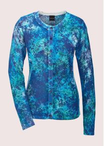 Madeleine Mode Strickjacke MADELEINE "Strickjacke Langarm Viskose-Jacke mit Knopfleiste", Damen, Gr. 36/38, blau (royalblau, t&uuml;rkisblau, multicolor), Obermaterial: 89% Viskose CV. 11% Polyamid PA., Modern, normal, Strickjacken Strickjacke, Durchgehende Knopfleiste