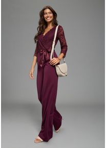 Jumpsuit Laura Scott, Damen, Gr. 36, N-Gr, bordeaux, Milano Rib, Obermaterial: 70% Viskose, 25% Polyester, 5% Elasthan. Spitze: 92% Polyamid, 8% Elasthan, leicht transparent, unifarben, figurbetont lang, V-Ausschnitt, Overalls Jumpsuit, mit Spitzenoberteil und Satin-Bindeg&uuml;rtel, Topseller