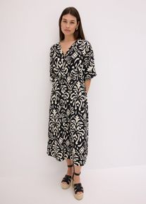 bonprix Jerseykleid, schwarz, Gr.44/46 (L), modisch bedrucktes Midikleid mit tiefem V-Ausschnitt vorne und Schlitz vorne im Rockteil